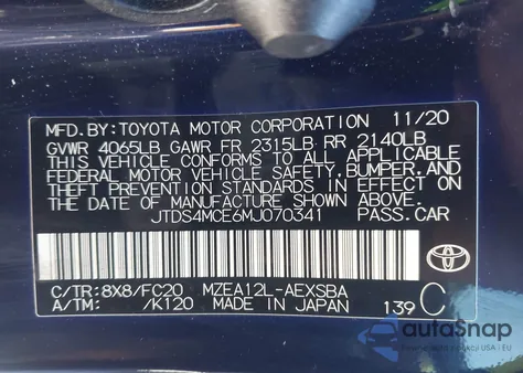 2021 Toyota Corolla Se z USA, uszkodzony, nr VIN JTDS4MCE6MJ070341
